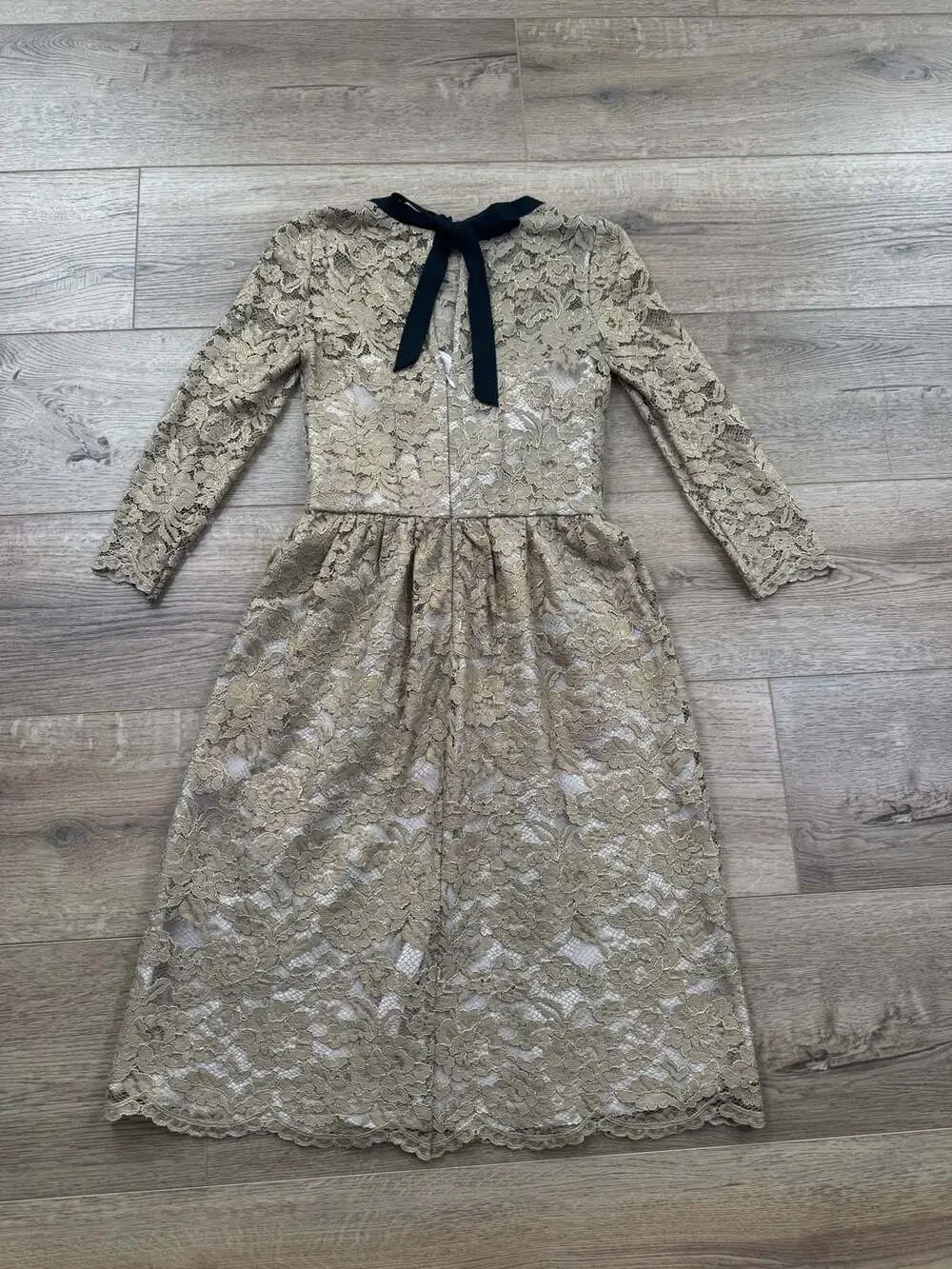 Boden Gold Metallic Lace Long Sleeve Midi Dress with Back Bow - Picture 13 of 16